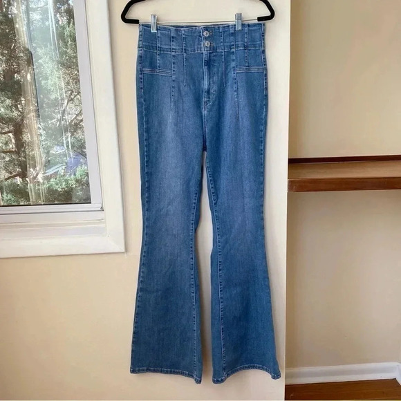New Free People Jayde Flare Jeans We The Free Super High Rise in Indigo Blue - Picture 6 of 11